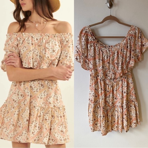 Promesa Sun Garden Floral Off the Shoulder Flounce Mini Dress Size Large - Picture 1 of 4